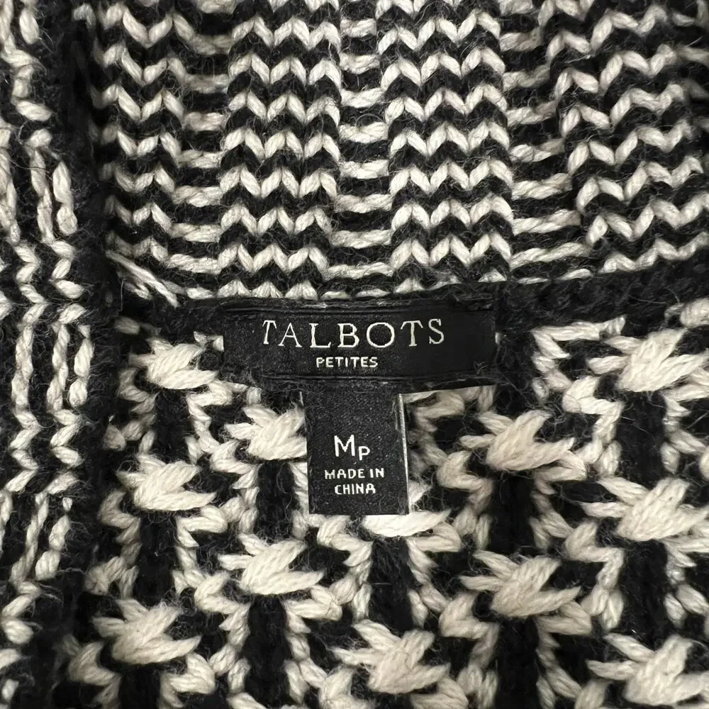 Talbots Open Front Chunky Cardigan Women's M Petite Black White Cotton Wool Blnd